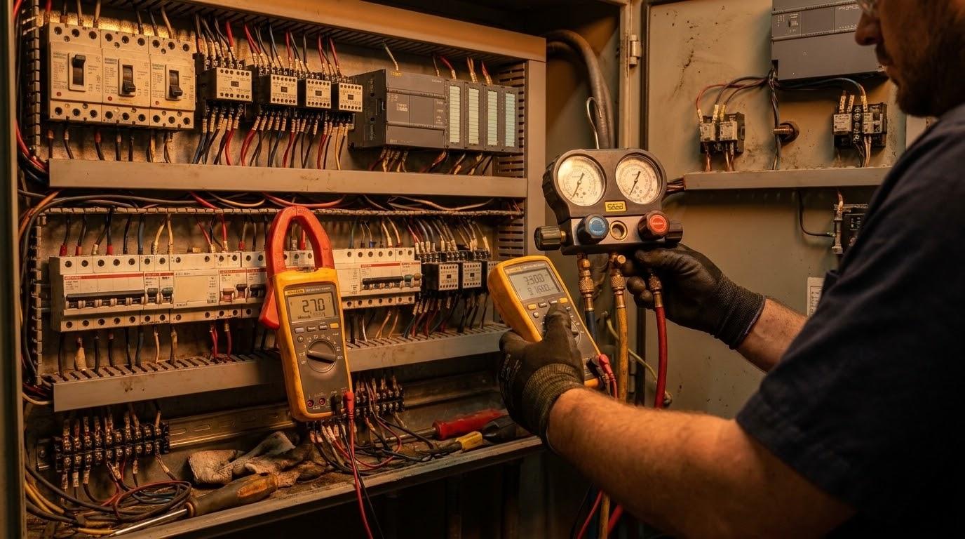 HVAC technician diagnosing an industrial control panel with professional tools