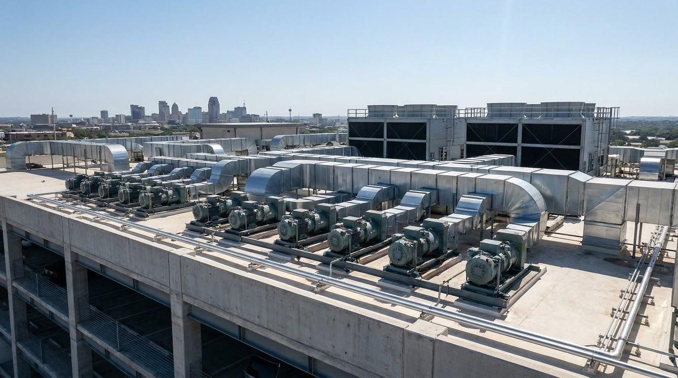 Large commercial rooftop HVAC system with San Antonio skyline in the distance