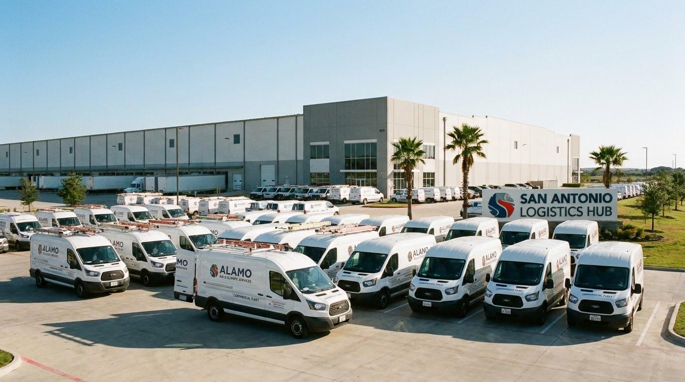 Ridge Air service vans ready outside a San Antonio industrial facility
